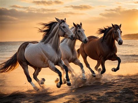 Premium AI Image | Photo of horses running on the beach at sunset