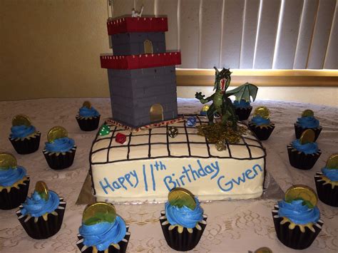 Dungeons and Dragons cake with cupcakes with "gold" coins | Dragon cake ...