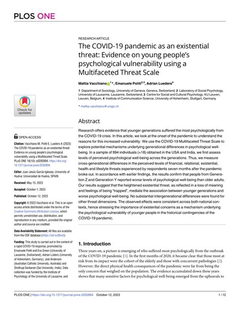 (PDF) The COVID-19 pandemic as an existential threat: Evidence on young ...