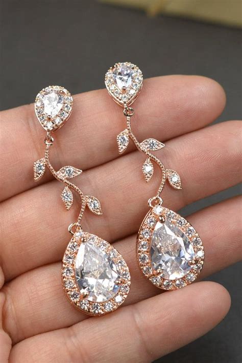 Rose gold Crystal Bridal earrings Wedding jewelry set Wedding Bridal jewelry chandelier dangle ...