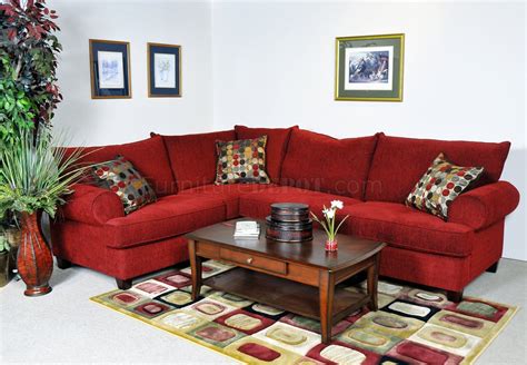 Red Fabric Contemporary Sectional Sofa w/Rolled Arms