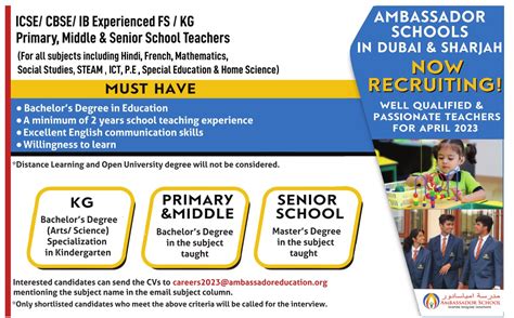 Ambassador Schools, Dubai & Sharjah Wanted Teachers | FacultyPlus