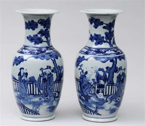 Pair Chinese Blue & White Open Vases