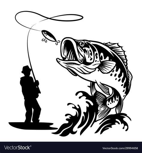 Fisherman catching big bass fish in black vector image on VectorStock