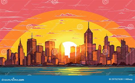 Sunrise Sunset Behind Modern City Buildings. Vector Cartoon ...