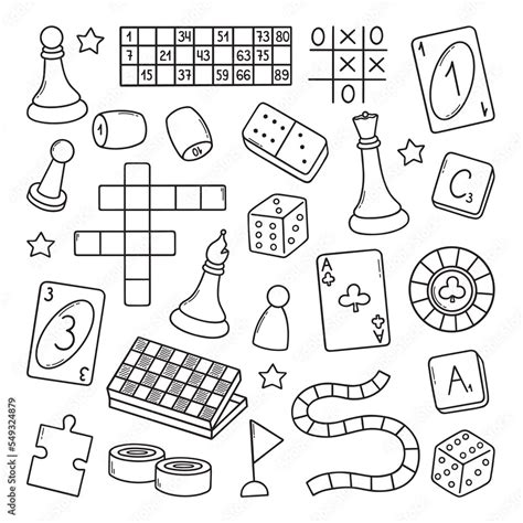 Board games doodle set. Checkers, chess, cards, backgammon in sketch ...