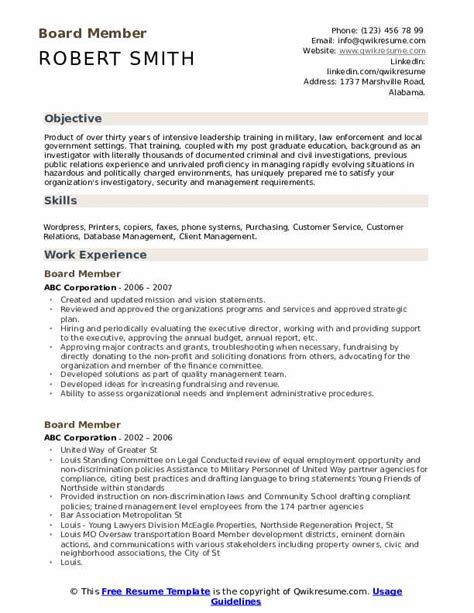 Board Member Resume Samples | QwikResume