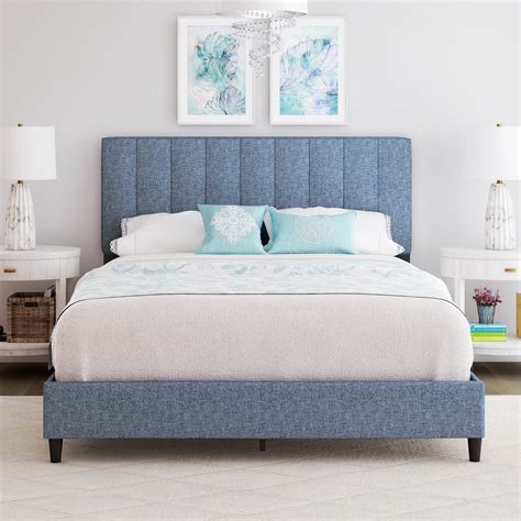 Premier Laura Linen Panel Upholstered Platform Bed Frame, Blue, Full ...