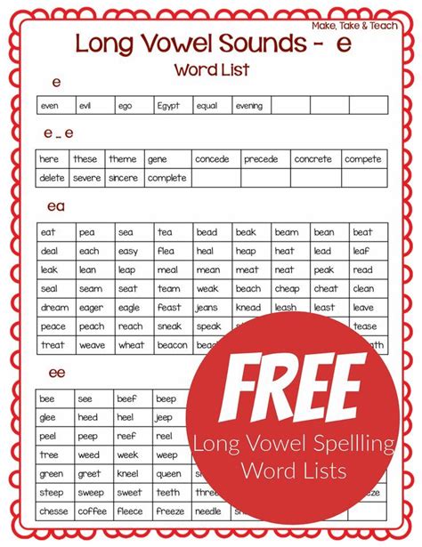 FREE Long Vowel Spelling Word Lists - Make Take & Teach | Spelling words list, Spelling words ...