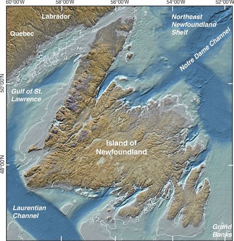 Map of Island of Newfoundland and the adjacent shelf, with the 100 m ...