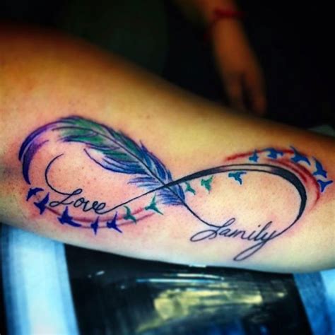 Colorful Birds Infinity And Feather Tattoo On Arm | Infinity tattoo ...