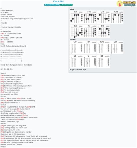 Chord: Kiss a Girl - tab, song lyric, sheet, guitar, ukulele | chords.vip