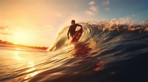 Premium AI Image | A surfer rides a wave in the sunset.