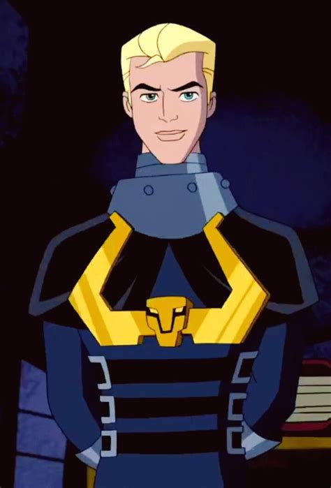 an animated image of a man with blonde hair wearing a black and yellow uniform, standing in ...