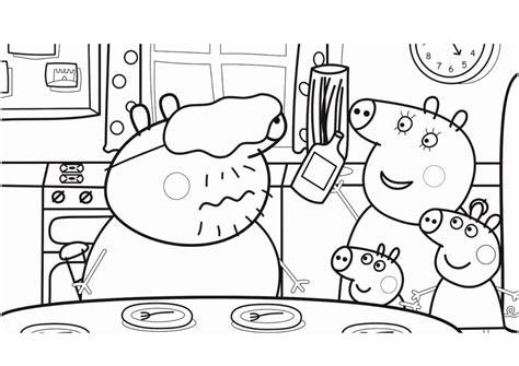 Funny Peppa Pig Family Coloring Pages Daddy Mommy Peppa and Brother George in Kitchen - Print ...