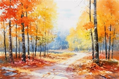 Autumn forest landscape colorful watercolor painting of fall season ...