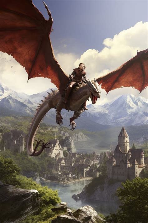 Warrior Riding Dragon Over Fantasy Castle Stock Image - Image of powerful, soaring: 304499847