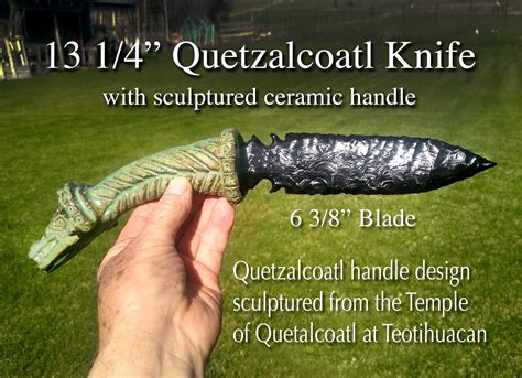 13 1/4 Quetzalcoatl Aztec Style Obsidian Knife. Handle Sculptured in Clay Into Shape of Aztec ...