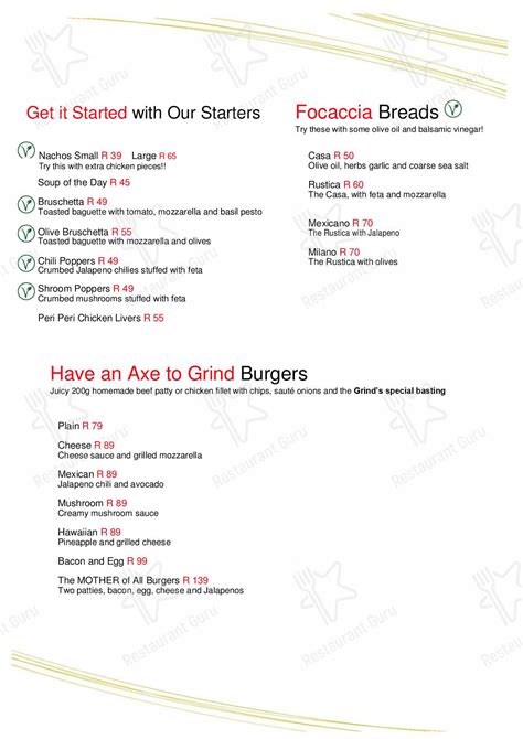 Menu at The Grind Cafe, Underberg