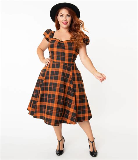 Collectif Plus Size Orange & Black Pumpkin Plaid Mimi Swing Dress – Unique Vintage | Swing dress ...