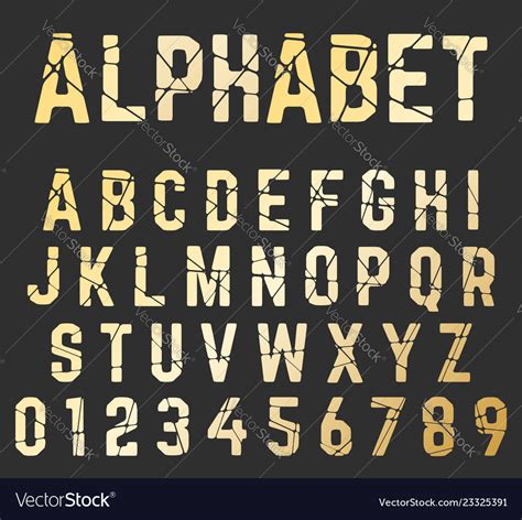 Broken font alphabet set of letters and numbers Vector Image