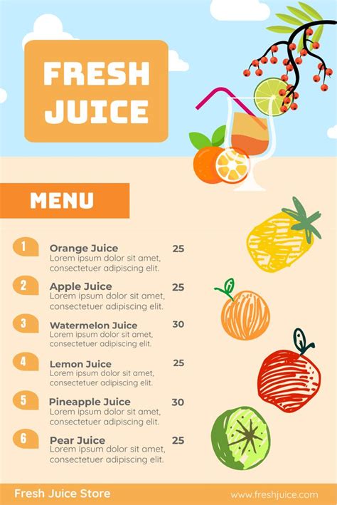 Colourful Fresh Juice Graphic Menu | Juice menu, Lemonade menu, Menu ...