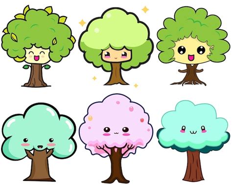 Premium Vector | Set of cute kawaii trees