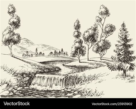 River flow landscape hand drawn nature background Vector Image