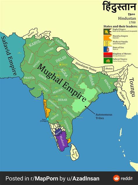 Map of the Mughal Empire in 1700