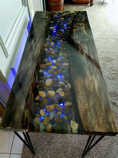 SOLD Do Not Order! (I can make you one) Resin River Table w/ Rocks embedded and back-lit by led ...