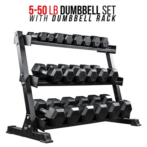 Rep 5-50 lb Rubber Hex Dumbbell Set with Rack. Includes 5, 10, 15, 20, 25, 30, 35, 40, 45, 50 lb ...