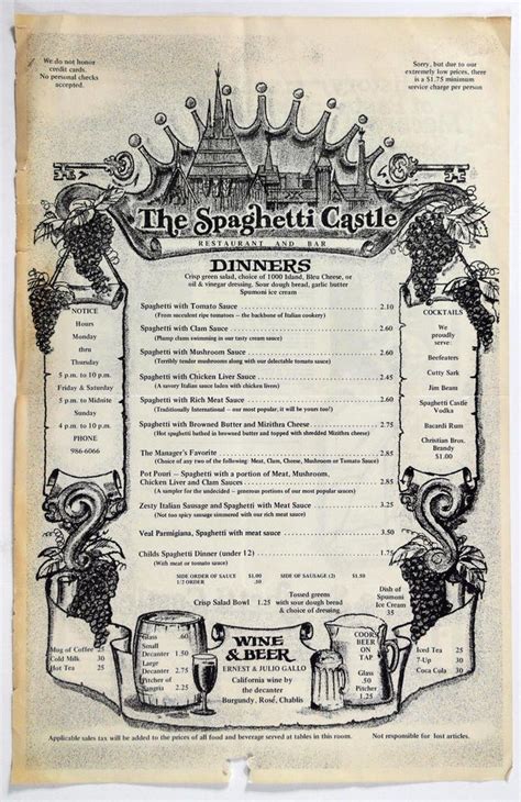 1970's Original Vintage Dinner Menu THE SPAGHETTI CASTLE Restaurant ...