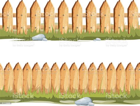 Wooden Fences With Grass And Stones Seamless Vector Cartoon Background ...