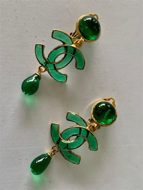 Vintage Green CC Logo Chanel Statement Earrings at 1stDibs