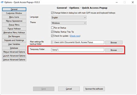 Can I set the QAP temporary folder location? – Quick Access Popup