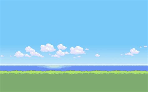 sky, grass, and body of water artwork pixel art #green #beach #pixels #artwork #grass #water # ...