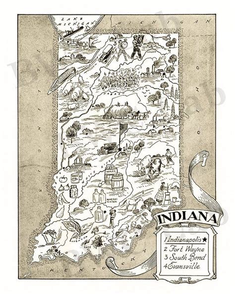 Vintage State Map of Indiana Fun Pictorial Whimsical Cartoon Print Illustration From 1930s by ...