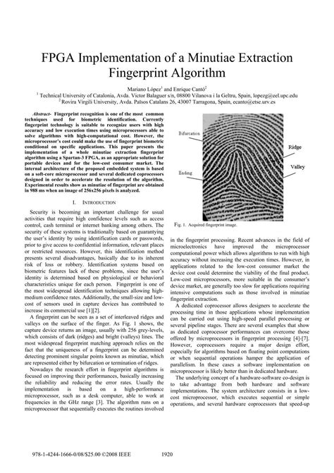 FPGA Implementation of a Minutiae Extraction Fingerprint Algorithm