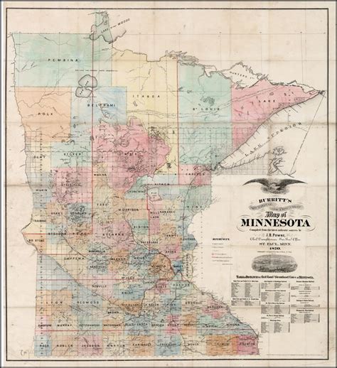 Decorative large format map of the state map of Minnesota, divided into counties and townships.