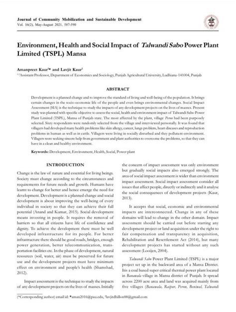 (PDF) Environment, Health and Social impact of Talwandi Sabo Power plant Limited (TSPL) Mansa.