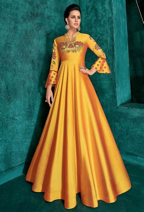 Readymade Art Silk Anarkali Style Gown In Mustard Yellow | Party wear ...