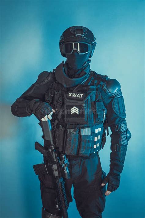 Spec Ops Police Officer SWAT In Black Uniform Studio Stock Image - Image of forces, policeman ...