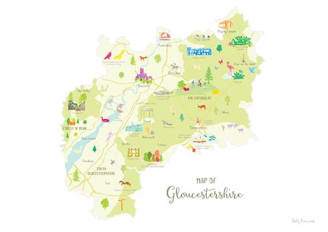 Illustrated hand drawn Map of Gloucestershire by UK artist Holly Francesca.