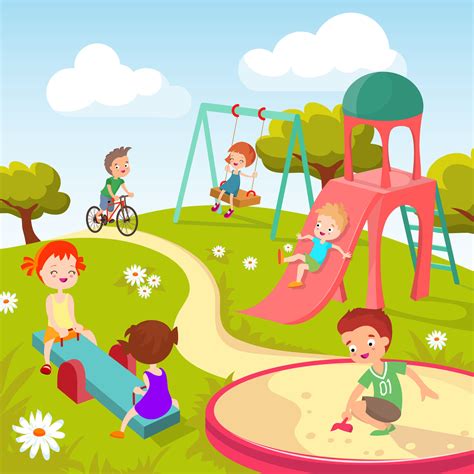 Cute children at playground. Happy children playing in summer park vec By Microvector ...