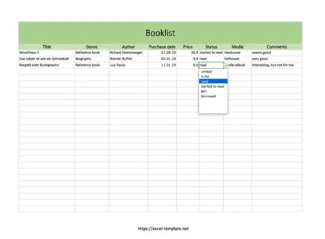 Book collection list with Excel-template