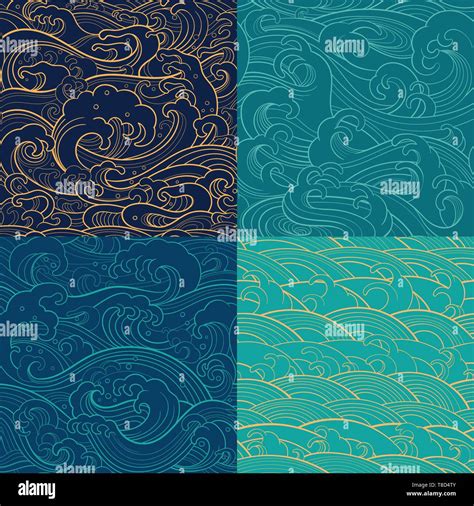 Traditional oriental seamless contour patterns with ocean waves, foam, splashes. Vector ...