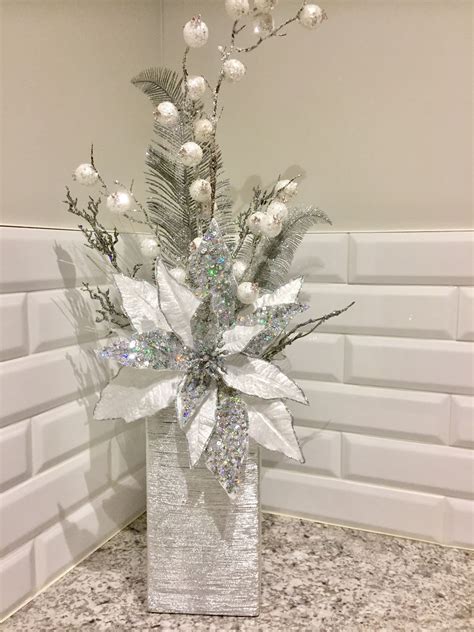 White and Silver glitter arrangement Christmas Centrepiece Ideas, Rose ...