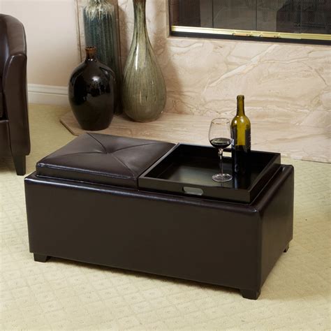 Contemporary Rectangular Storage Ottoman Leather 2 Tray Top Coffee Table-in Coffee Tables from ...