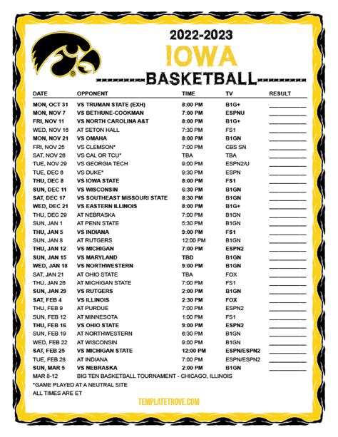 Printable 2022-2023 Iowa Hawkeyes Basketball Schedule