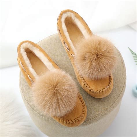 Women's Moccasin Slippers with Pom Pom Warm Shearling Moccasins